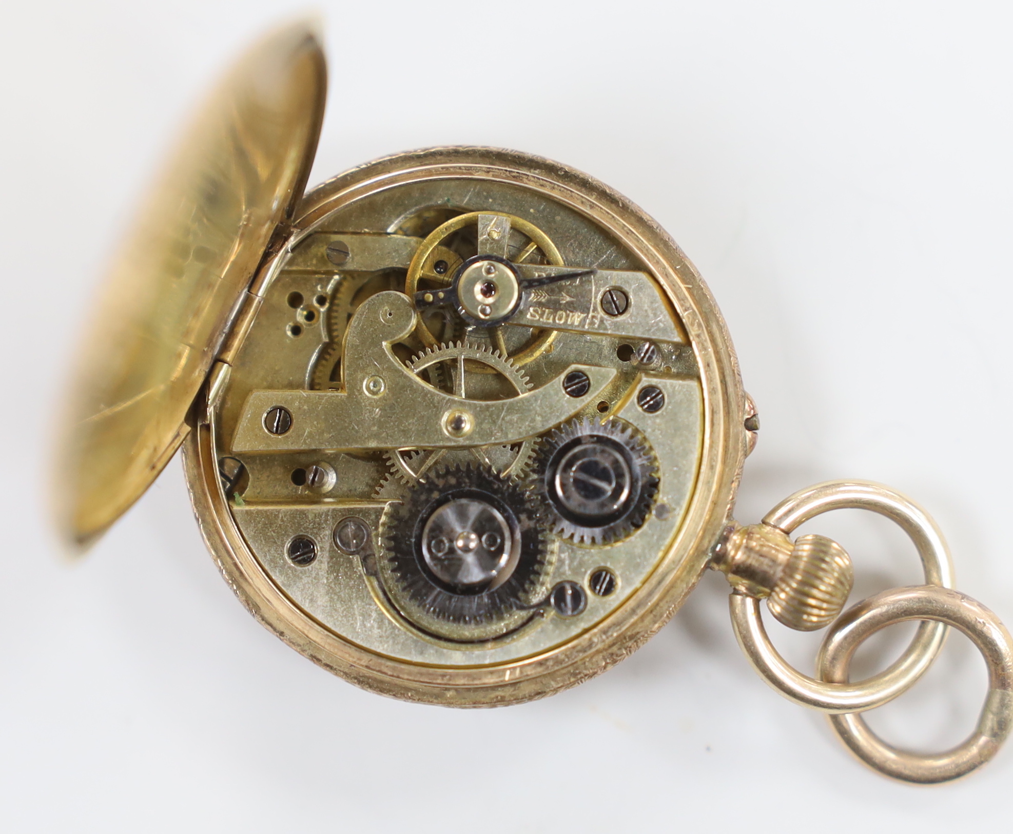 An early 20th century continental engraved 14k fob watch, with Roman dial, case diameter 29mm, gross weight 23.1 grams.